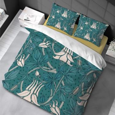 Imagem de Jogo de cama floral Queen Boho 3 peças flores verdes folhas botânicas vintage casa de fazenda conjunto de cama rústica fronhas 220 x 240 cm -50 x 75 cm*2