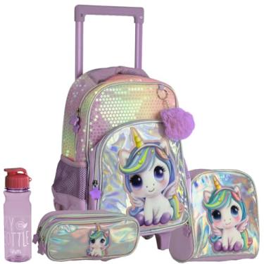 Imagem de Kit Mochila Escolar com Rodinhas de Unicórnio Holográfica Lilás, Lancheira Térmica, Estojo Duplo e Garrafinha