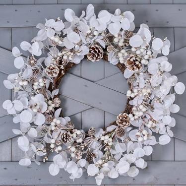 Imagem de WSTPUPU Guirlanda de inverno de 50 cm para porta da frente guirlanda artificial de frutas vermelhas brancas com pinhas e folhas brancas para parede de casa, varanda, Natal