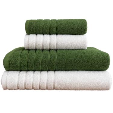 Imagem de Kit 4 Toalhas Algodão (02 Banho + 02 Rosto) - Jogo de Toalhas Super Absorventes 400g Tamanho Grande 70cm x 130cm (VERDE - BRANCO)