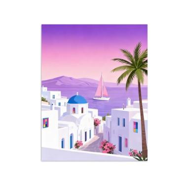 Imagem de Pôster paisagem - Prédios Mar Grécia - Impressões em Tela - Imagem Moderna Natureza para Sala de Estar Decoração 40x50cm Sem Moldura