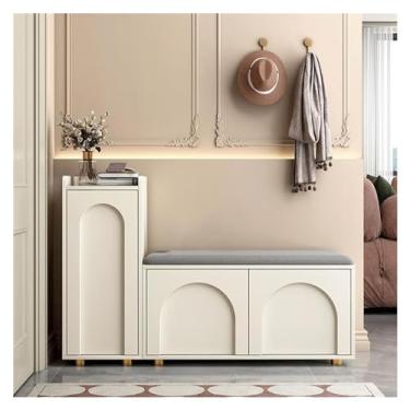 Imagem de Armários para sapatos com prateleiras para sapatos Banco de sapatos entrada armazenamento com estrutura metal gabinete e placa madeira assento para, corredor, porta frontal(80cm)