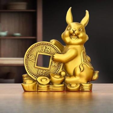 Imagem de FENNYYAR Estátua de mascote da sorte do coelho do zodíaco, 19 cm, decoração de sala de estar, enfeite de presente artesanal