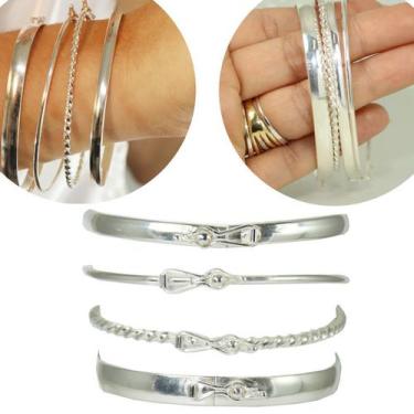 Imagem de Conjunto 4 Bracelete Pulseira Largo Rigido Prata Legitima - Lojas La&N