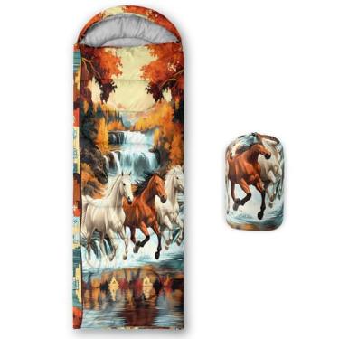 Imagem de AILONEN Saco de dormir para acampamento Western Horse, leve e impermeável, clima quente e frio, compressão com estampa de cavalo de fazenda com bolsa de transporte compacta