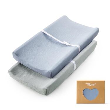 Imagem de TILLYOU Capa de trocador de musselina para bebês meninas e meninos, capa de trocador de fraldas de algodão macio e respirável, pacote com 2 (cinza e azul)