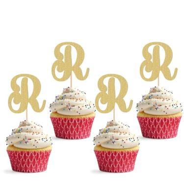 Imagem de Topper de cupcake de 26 letras – Pacote com 24 decorações de cupcake com glitter e letra R, adequado para festa de aniversário, aniversário de casamento ou adereços de cabine de fotos (R)