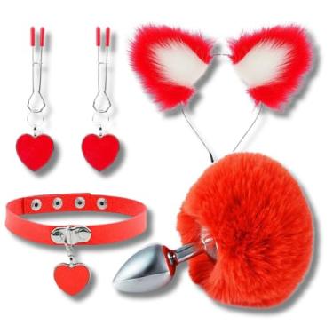 Imagem de Kit Fantasia com Rabo de Coelho, Tiara de Orelhas, Grampos para Seios em Metal e Gargantilha com Coração, Vermelho