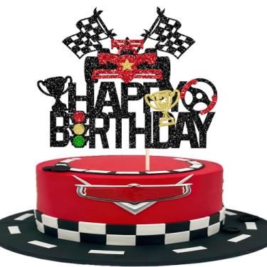 Imagem de 1 pacote de topo de bolo de carro de corrida feliz aniversário glitter semáforo bandeira de troféu de carro de corrida palheta de bolo para tema de corrida meninos meninas crianças suprimentos de