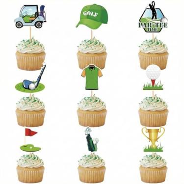 Imagem de Conjunto de topos de cupcake de golfe com 36 peças, carrinho de golfe, clubes, troféus e bolas, palhetas de cupcake para festas de aniversário infantis, chá de bebê, suprimentos de decoração de bolos