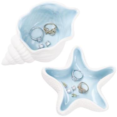 Imagem de Bandeja de joias de cerâmica oceânica, concha do mar, conchas, sereia, suporte de prato decorativo para anel, brincos, colares, pulseira, decoração de banheiro com tema de praia (2, estrela do mar e