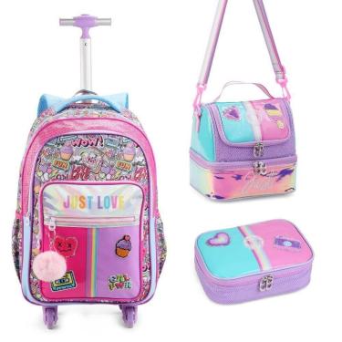 Imagem de Kit Mochila De Rodinhas + Lancheira + Estojo Just Love Rainbow Chaveiro Denlex