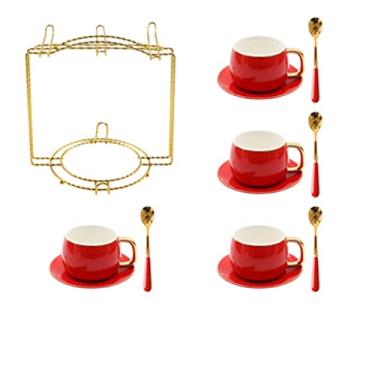 Imagem de Conjunto de chávenas de chá, conjunto de chávenas de chá, feito à mão, de porcelana, conjunto de chávenas de chá e pires para casa e escritório, conjunto de xícaras de café cappuccino latte (amarelo 4