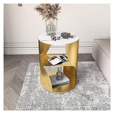 Imagem de Mesa de centro de metal com mesa de pedra sinterizada, mesa lateral redonda moderna com prateleiras de armazenamento, mesa de canto de tambor de 3 andares, mesa de centro para sala de estar e quarto