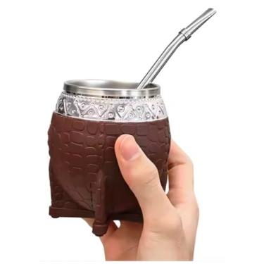 Imagem de MATEAR Mate Torpedo Argentino Kit Mate, Taza de te Acero Inoxidável, com Canudo, Caneca de Cabaça de Chá Uma Bombilla (Canudo), Couro Artesanal Embrulhado Ideal para Presente e Viagem (Marrom)