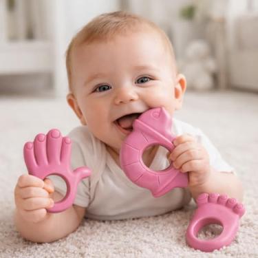 Imagem de Kit 3 Mordedores de Bebê Dentição Pé Mão Tartaruga Rosa Gengiva