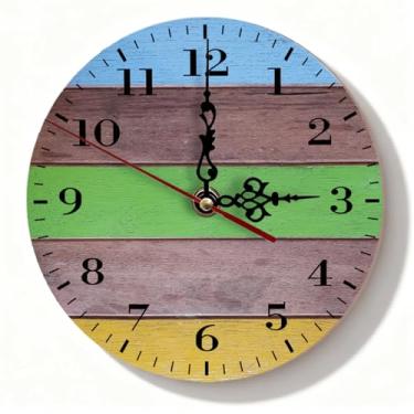 Imagem de Relógio de parede de madeira listrado azul e verde - Shiplap envelhecido silencioso sem tique-taque decoração de casa de fazenda para cozinha sala de estar - 19 cm