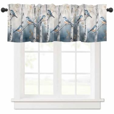 Imagem de Cortina de sanefa Blue Birds para janelas Kithchen, cortina de camada de sanefa de bétula com mola animal sanefa para quarto/sala de estar/banheiro, 106 x 45 cm