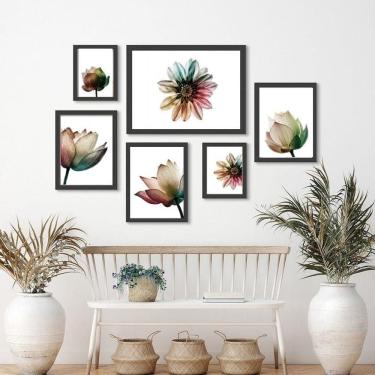 Imagem de Kit 6 Quadros Florais - Medidas Variadas - Madeira Branca