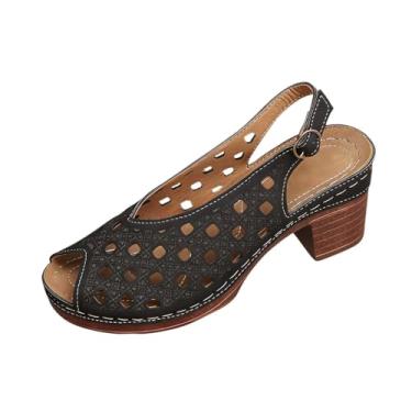 Imagem de Sandálias femininas ocas de uma tira com sola grossa e salto grosso, calçado casual de verão para uso ao ar livre., Preto, 39