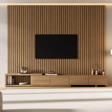 Imagem de Rack Extensível com Painel Ripado para Tv 86 Polegadas 280x230cm Aruá Cabecasa Madeiraoriginals Jatoba