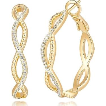 Imagem de Brincos de argola de ouro 14K para mulheres, brincos de argola torcida para mulheres, com zircônia cúbica, leves, brincos femininos