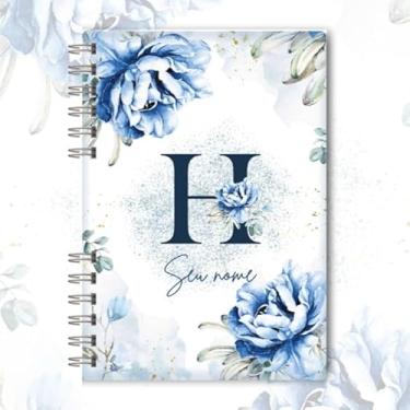 Imagem de Caderno A5 floral azul capa dura personalizado com inicial e nome, caderneta para anotações, caderno de anotações pautado ou sem pauta para estudo, organização e uso diário (H)