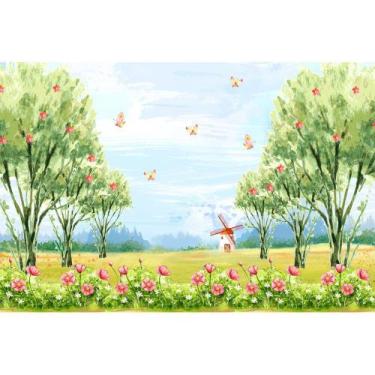Imagem de Painel de Tecido Sublimado Jardim e Moinho de Vento Aquarela - Fabrika