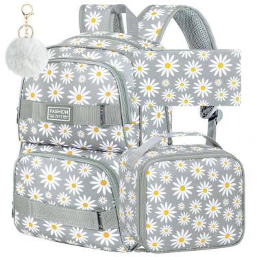 Imagem de Mochila AGSDON 3 em 1 cinza com estampa de margaridas, para notebook 17", com lancheira e estojo