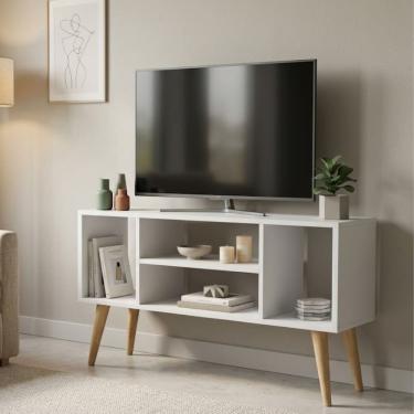 Imagem de Rack Retrô Branco Para Tv Paris 4 Nichos Pés Madeira Maciça