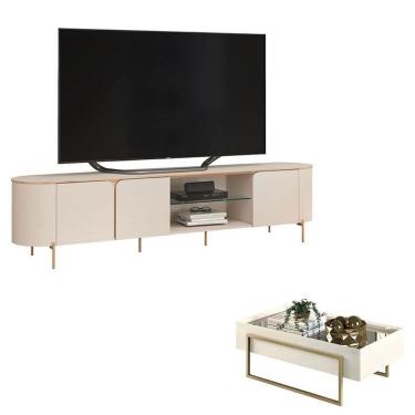 Imagem de Rack Bancada para Sala Ariana e Mesa de Centro Suri Off White – DJ Móveis