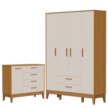 Imagem de Guarda Roupa Infantil Flip 4 Portas com Cômoda Sapateira Infantil Flip Areia Acetinado Savana - Reller