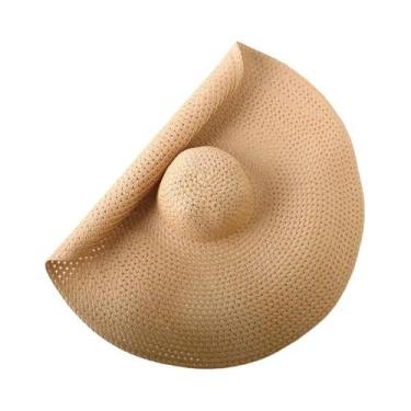 Imagem de Chapéu De Sol De Palha Feminino Dobrável Com Aba Larga De 70cm, Proteç