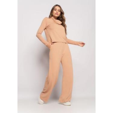 Imagem de Conjunto De Moletinho Com Blusa Golão E Calça Wide Leg Bege Salvatore,