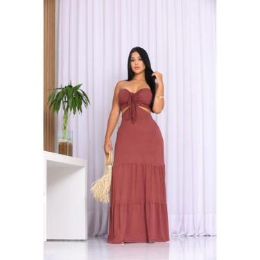 Imagem de Vestido Longo Preso no Pescoço Decote Coração Cor:MarromTamanho:G - lu