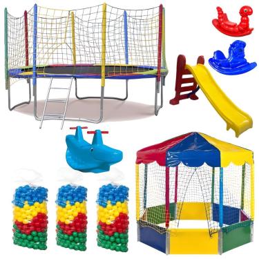 Imagem de Kit Playground Cama Elástica 3,05m Piscina Oitavada 2m 1500 Bolinhas Escorregador Gangorras Rotoplay