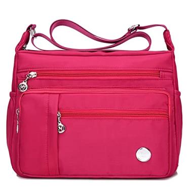 Imagem de Cicilin Bolsa feminina de nylon com vários bolsos, bolsa mensageiro, casual, transversal, alça superior, Rosa vermelho (pequeno), Small