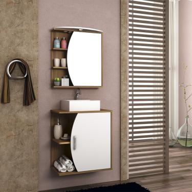 Imagem de Kit Gabinete para Banheiro Duna 60cm com Cuba e Armário com LED Móveis Bosi - Nogal com Branco