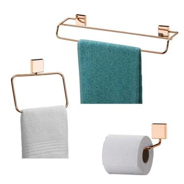 Imagem de Kit 3 Pçs Toalheiro 45cm + Porta Toalha Argola + Papeleiro Rosé Gold - Future