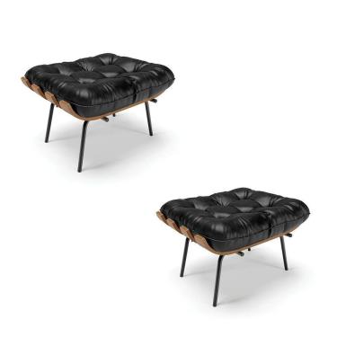 Imagem de Kit 02 Puffs Costela Corano Preto Base Metálica Preto