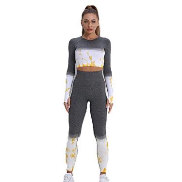Imagem de Yajun Roupas de ioga sem costura roupas de treino para mulheres roupas esportivas academia agasalho fitness ternos de manga comprida leggings levanta bumbum, amarelo, G (peito: 36cm)