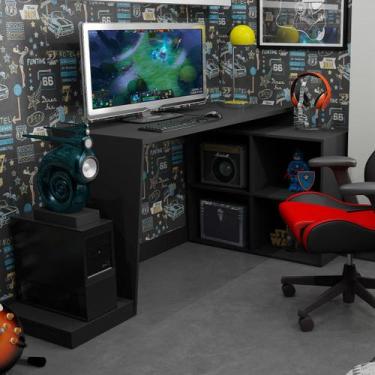 Imagem de Mesa Gamer Com Estante Lateral 173 X 82 Cm Nichos Mdp Preto - Bs - Bob