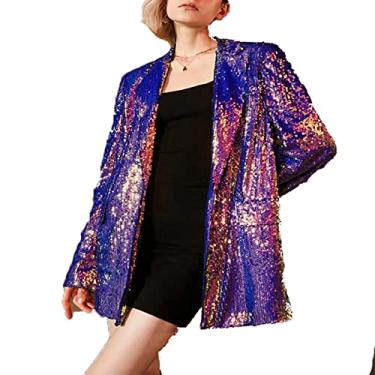 Imagem de Blazer feminino brilhante de lantejoulas um botão stretch casacos esportivos casuais slim fit trabalho blazer terno slim fit para festa, multicolorido, M
