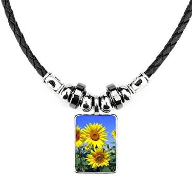 Imagem de DIYthinker Colar Sunshine Flowers Girassóis Céu Azul Joia Torque Pingente de Corda de Couro
