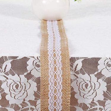 Imagem de Caminho de mesa de renda de serapilheira, fita de juta de estilo rústico ecológico, 6 tipos de fita de serapilheira natural durável com renda branca para decoração de festa (4)
