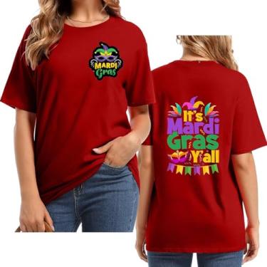 Imagem de UIFLQXX Camiseta feminina It's Mardi Yall com estampa de letras, gola redonda, manga curta, plus size, roupa casual para festa de carnaval, Vermelho, XXG