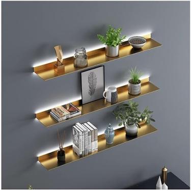 Imagem de Prateleiras flutuantes montadas na parede, prateleira de parede iluminada com luz LED embutida Prateleiras de exibição de metal criativas para prateleira de plantas ou estante de livros, pra
