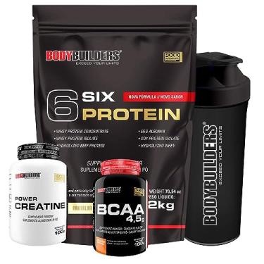 Imagem de KIT 6 Six Protein 2kg + POWER Creatina 100g + BCAA 100g + Coqueteleira - Bodybuilders Baunilha
