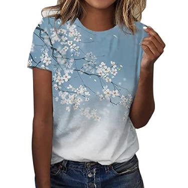 Imagem de Blusas femininas modernas de manga curta extragrandes com estampas para sair, blusas de algodão de verão, camisetas camponesas, túnica de formatura, Azul claro, G
