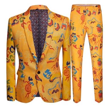 Imagem de Ternos masculinos, 2 peças, jaqueta de smoking, estampa amarela, negócios, casual, casamento, blazer, banquete, anfitrião, jaqueta formal, roupas masculinas, Amarelo, 5X-Large